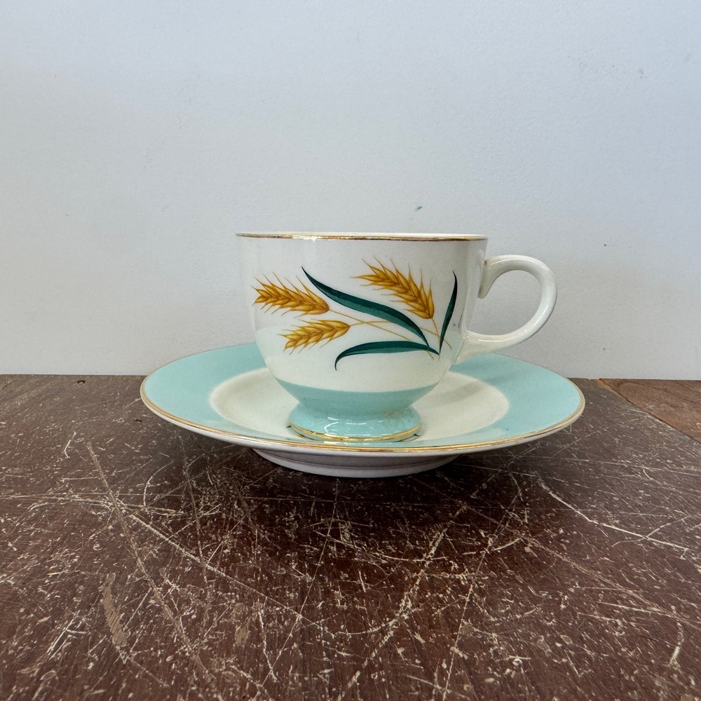 Viking International DS Co Alliance Ohio Wheat‎ Tea Cup and Saucer Teal Gold MCM